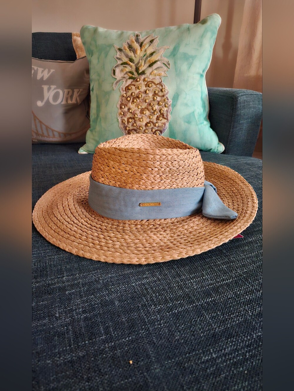 Vince Camuto Natural Straw Sun Hat with Light Blue Band